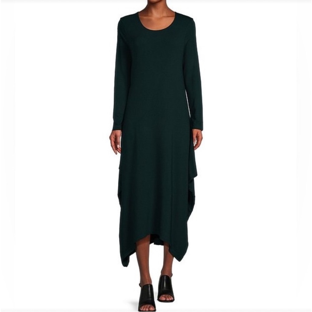 Bryn Walker Chelsea French Terry Scoop Neck Draped Asymmetrical Hem Midi Dress